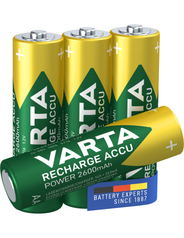 Varta Recharge Accu Power AA 2600 mAh Blister da 4 (Batteria NiMH Accu Precaricata, Mignon, batteria ricaricabile, pronta