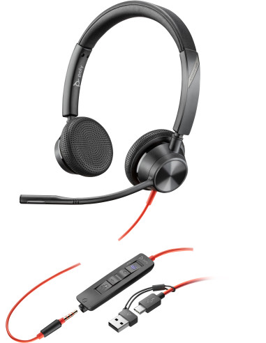 POLY Cuffie stereo Blackwire 3325 con connettore USB-C, certificate per Microsoft Teams + spina da 3,5 mm + adattatore USB-C A