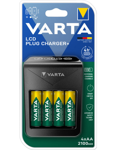 Varta LCD Plug charger+ AA & AAA ((Batterie ricaricabili NiMH incl. 4x AA 2100 mAh accu), nero