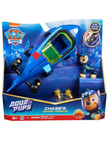 PAW Patrol Aqua Pups, Shark Vehicle trasformabile di Chase con action figure da collezione, giocattoli per bambini dai 3 anni