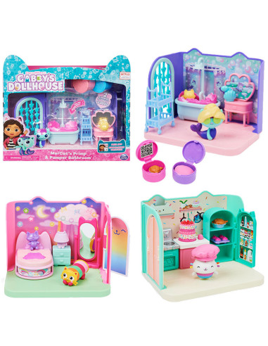 Gabby's Dollhouse Primp and Pamper Bathroom con personaggio MerCat, 3 accessori, 3 mobili e 2 scatole con sorpresa, giocattoli